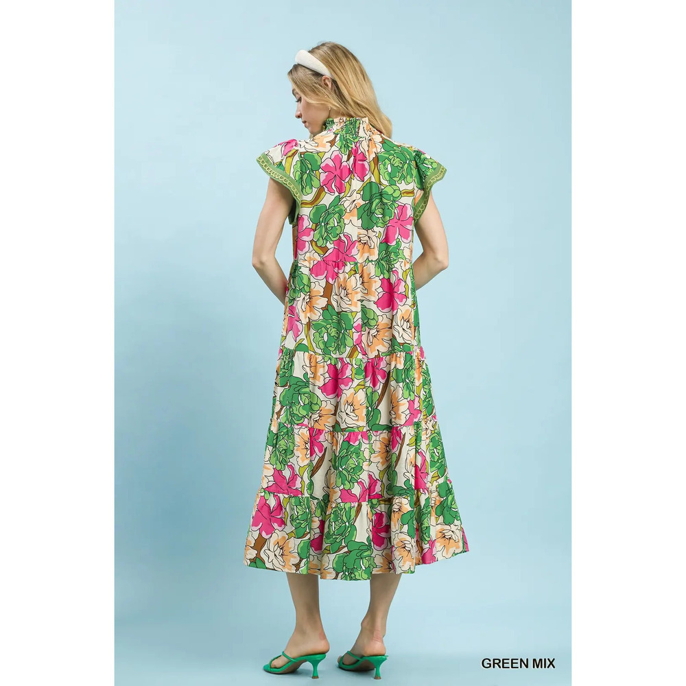 Umgee Mix Bold Floral Tiered Midi Dress - Picture 2 of 5